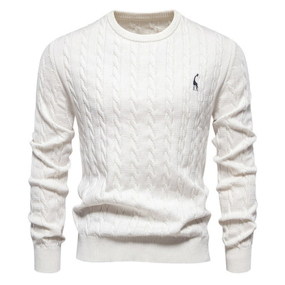 Embroidered Solid Color Knitted Sweater With Deer Pattern