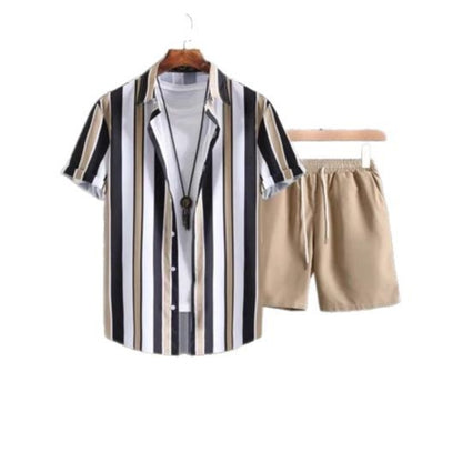 Striped Contrast Color 3D Printing Vacation Shirt Shorts 2 Pieces Suit