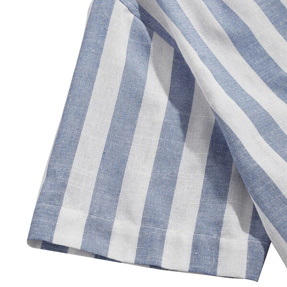 Street Style Cotton And Linen Striped Lapel Button Short Sleeves