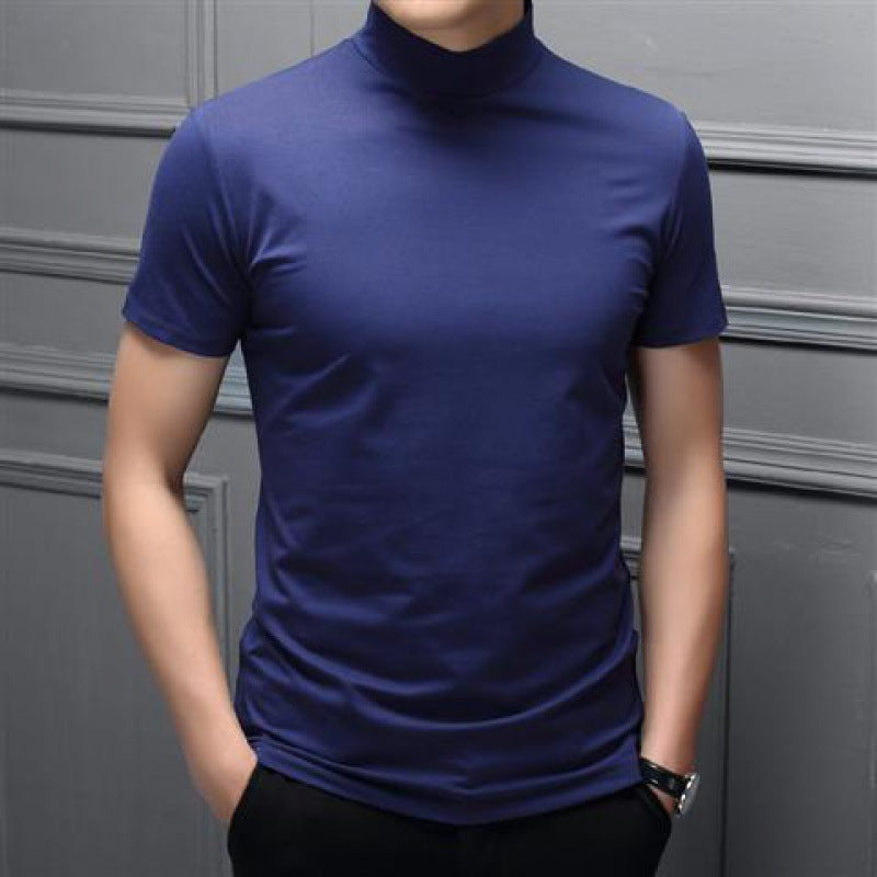 Spring Summer Men Half Turtleneck Mercerized Cotton Short Sleeves