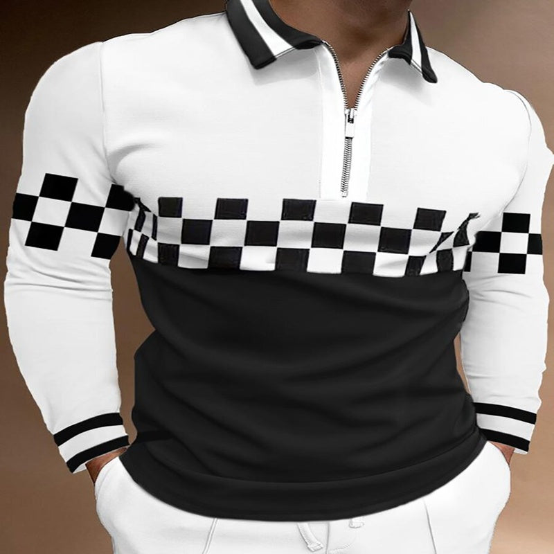 Plaid Color Matching Stitching Casual Long Sleeved T Shirt Top Polo Shirt