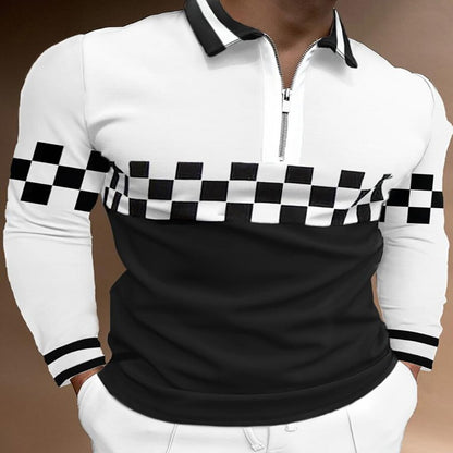Plaid Color Matching Stitching Casual Long Sleeved T Shirt Top Polo Shirt