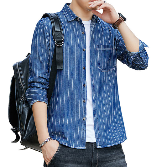 Men's Denim Cotton Shirt Washed Striped Slim Fit