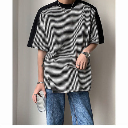 Men's Loose Striped Stitching Short Sleeve T-shirt With Shoulder Pads