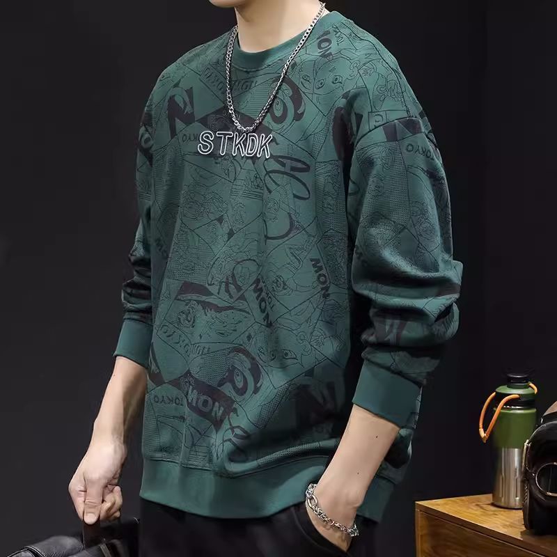 Round Neck Print Sweatshirt Long Sleeve Men's