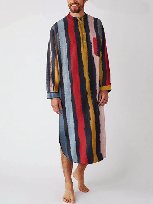 Men's Comfortable Striped Stand Collar Doorway Mid-Long Sleeve Nightgown