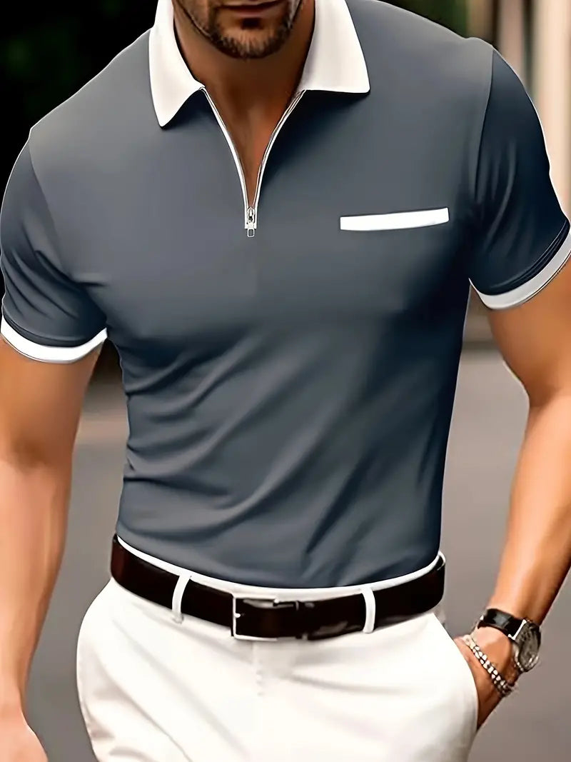 Men's 3D Printed Zipper Short Sleeve Solid Color POLO Top T-shirt