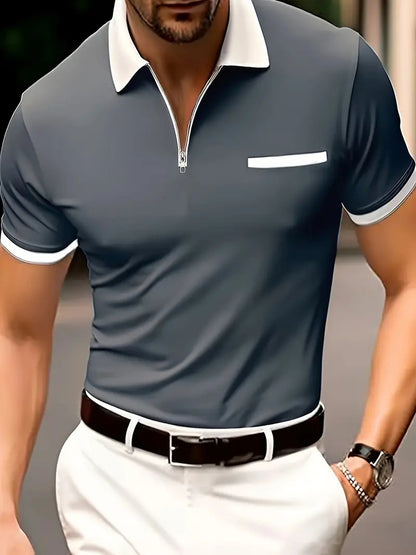 Men's 3D Printed Zipper Short Sleeve Solid Color POLO Top T-shirt