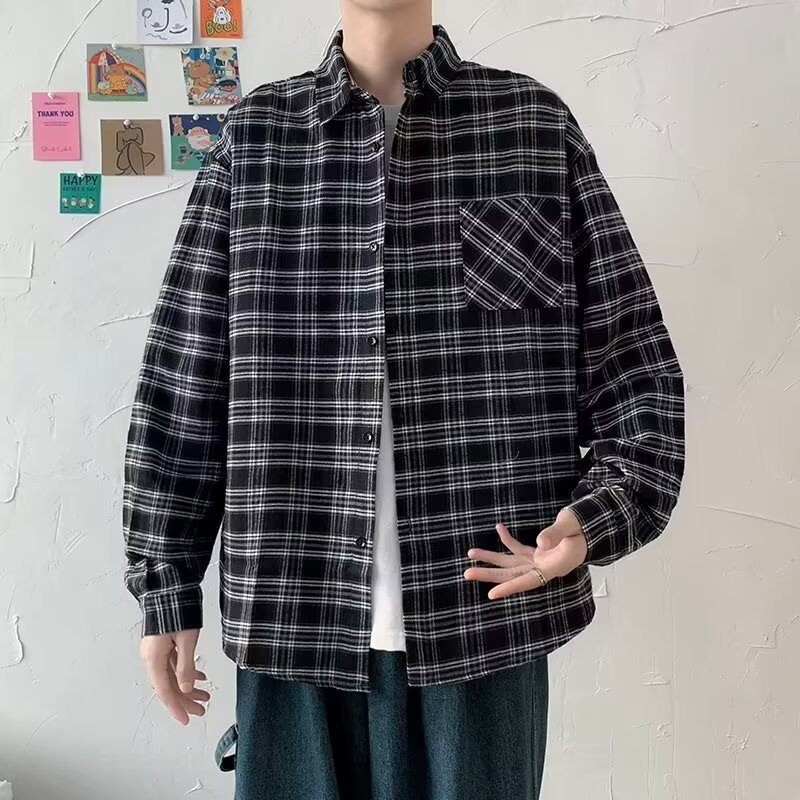 Men's Loose And Casual Black Plaid Long Sleeve Shirt