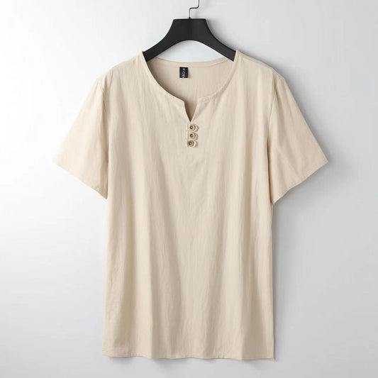 Men's Chinese-style Cotton And Linen V-neck Short Sleeve