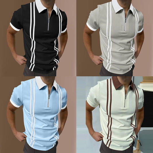 Zip Colorblock Striped Short Sleeve Men's Polo Shirt