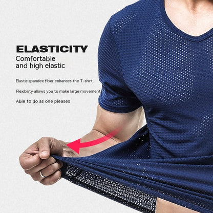 Men's T-shirt Mesh Ice Silk V-neck Solid Color Bottoming Shirt
