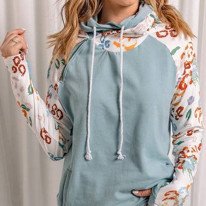 Leopard Print Sleeve Patchwork Hoodie With Pocket