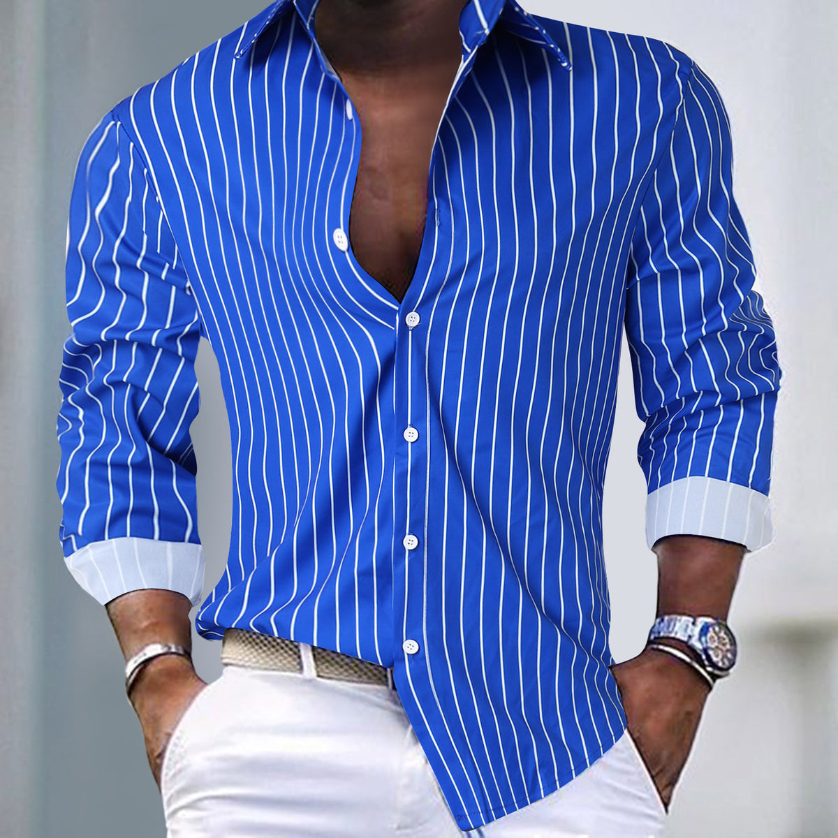 Fall Winter Men Striped Lapel Cardigan Striped Long Sleeve Shirt