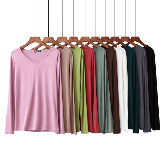 Ladies Korean Fashion V-neck Candy Color Long-sleeved Bottoming Shirt Plus Size Loose Casual Top