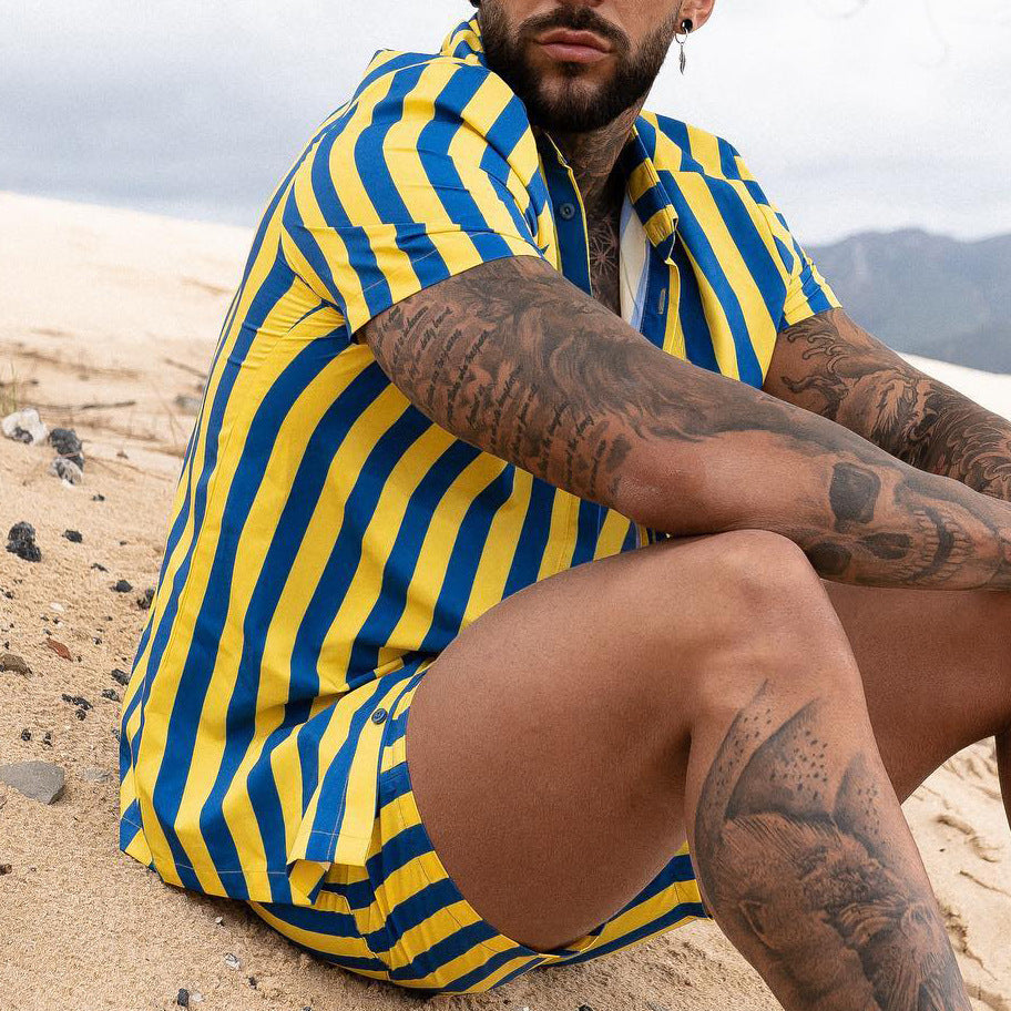 Men's Fashion Casual Beach Vertical Striped Shirt And Shorts Suit
