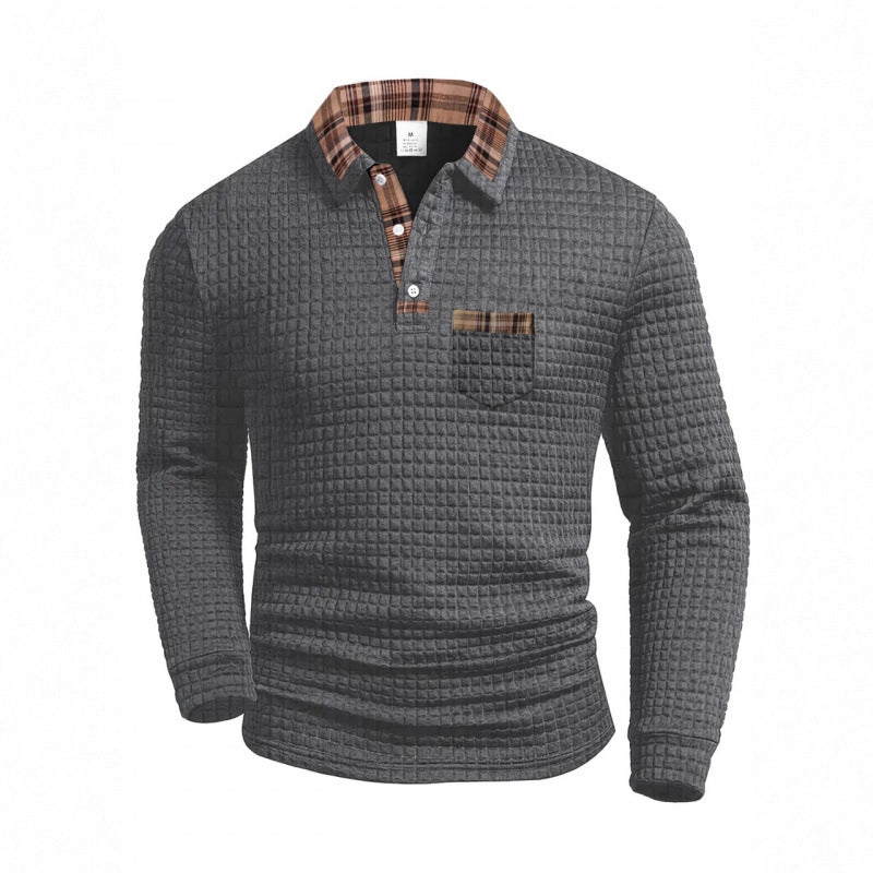 Men's Casual Solid Color Patchwork Pocket Collar Long Sleeve Polo Shirt