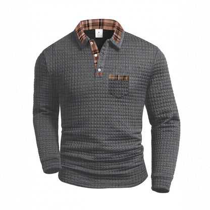 Men's Casual Solid Color Patchwork Pocket Collar Long Sleeve Polo Shirt