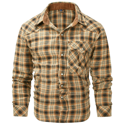 Flannel Retro Pearl Buckle Western Style Long Sleeve Shirt