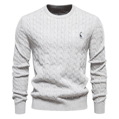 Embroidered Solid Color Knitted Sweater With Deer Pattern