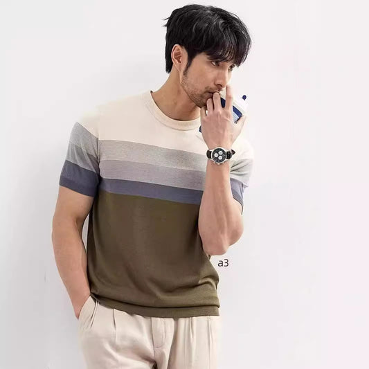 Summer Short Sleeve Knitted Sweater Men Gradient Color Block Stripe