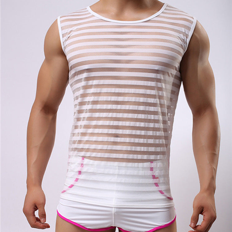 Elastic Nylon Fashion Striped Narrow Back Crew Neck Vest
