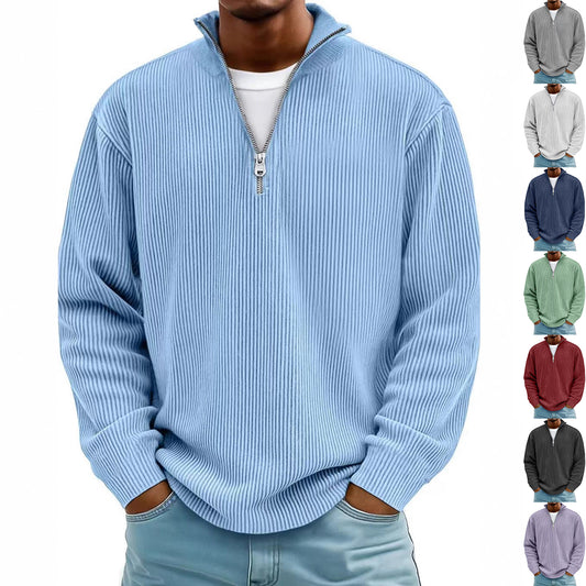 Corduroy Zipper Stand Collar Sweatshirt Fashion Warm Solid Color Long Sleeve Top Men's Casual Polo Shirt Clothing
