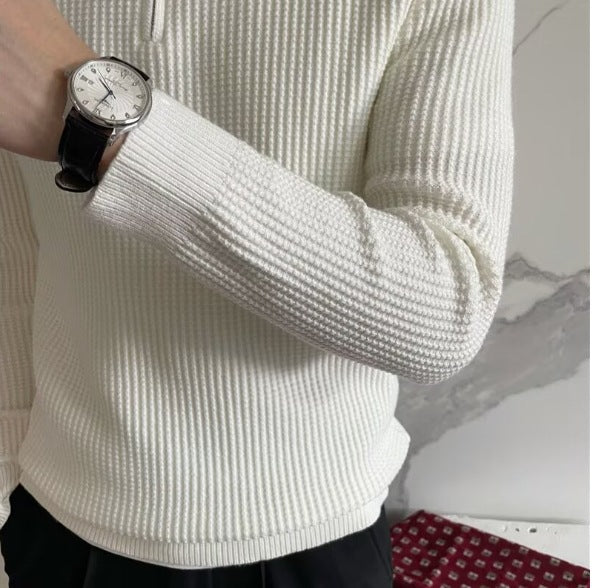 Turn-down Collar Knitted Polo Sweater With Thermal Ribbed Design