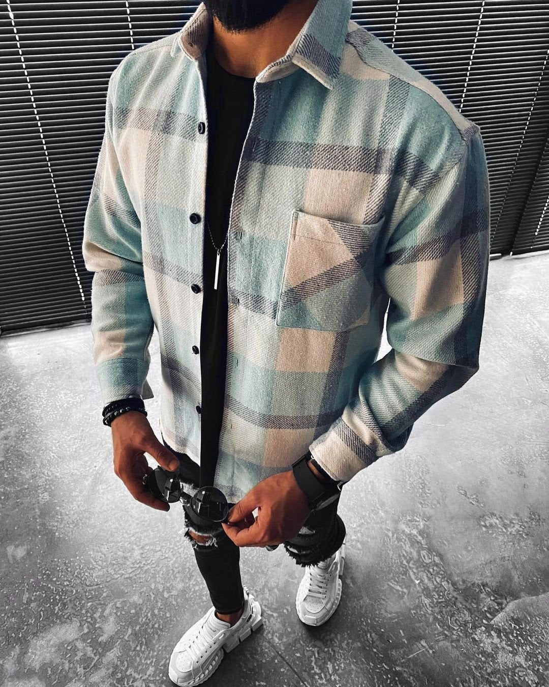 Men's Printed Plaid Woolen Shirt