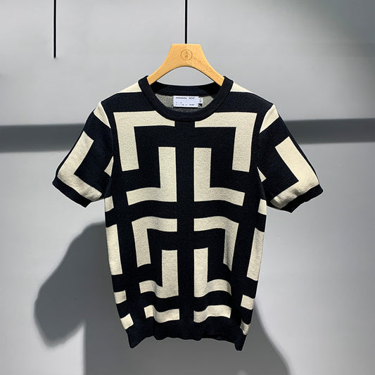 Men's Fashion Versatile Geometric Jacquard Sweater Half Sleeve Round Neck