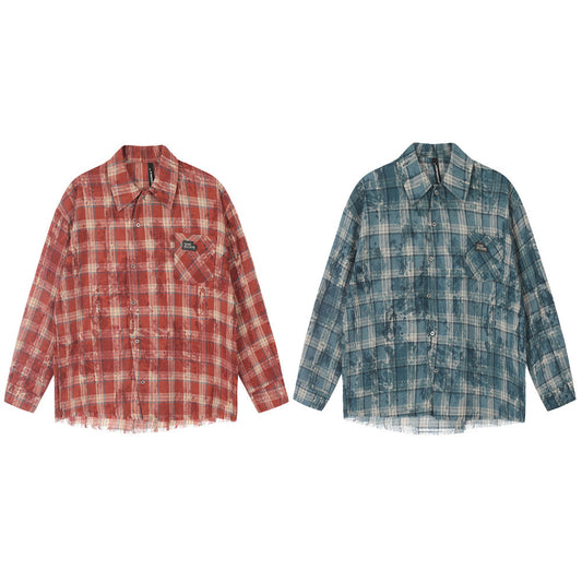 Distressed Tie-dyed Plaid Long-sleeved Shirt Men's Fashion Brand