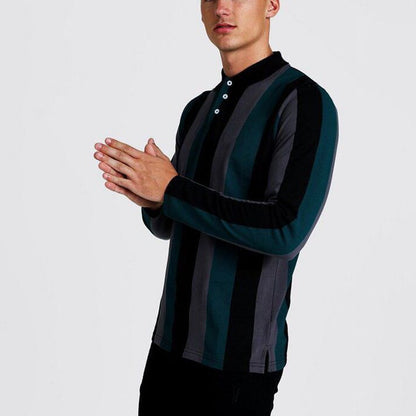 Plaid Color Matching Stitching Casual Long Sleeved T Shirt Top Polo Shirt