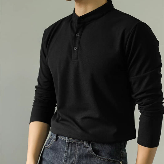 Long Sleeve Polo Shirt Simple Solid Color Fitness Men's Base