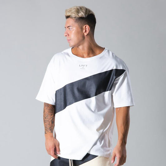 Men's Cotton Loose Round Neck Half Sleeve Color Block Top