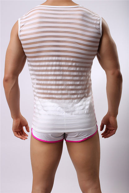Elastic Nylon Fashion Striped Narrow Back Crew Neck Vest