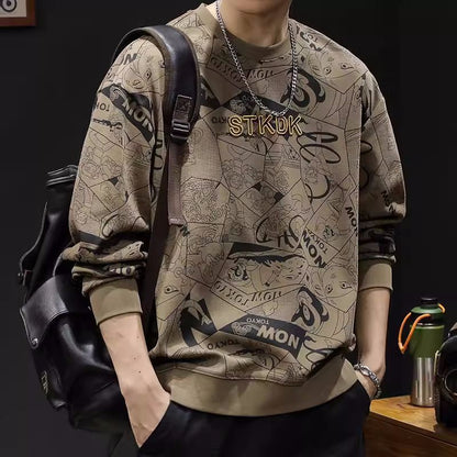 Round Neck Print Sweatshirt Long Sleeve Men's