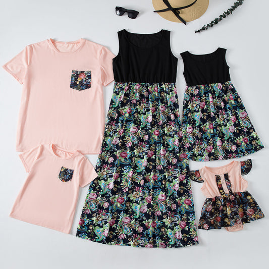 Fashion Waist Stitching Print Long Dress Parent-child Family Outfit