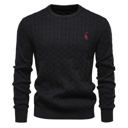 Embroidered Solid Color Knitted Sweater With Deer Pattern