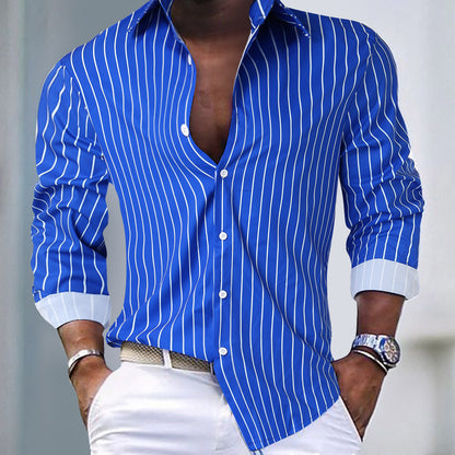 Fall Winter Men Striped Lapel Cardigan Striped Long Sleeve Shirt