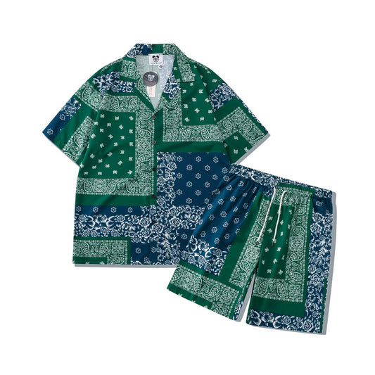 High Street Printed Shirt Suit Retro Flower Print Casual Shirt and Shorts