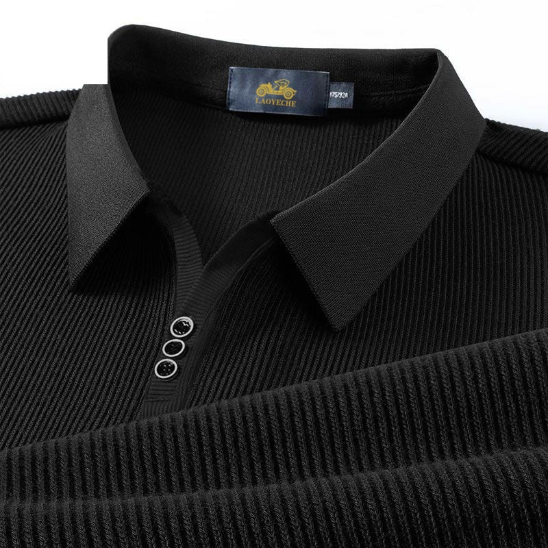 Vertical Texture Button Access Control Collar T-shirt