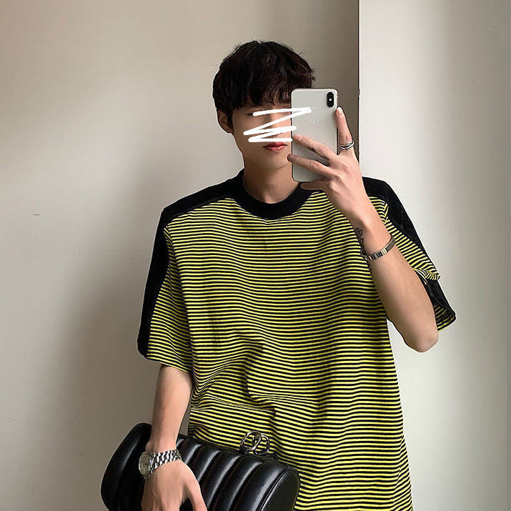 Men's Loose Striped Stitching Short Sleeve T-shirt With Shoulder Pads