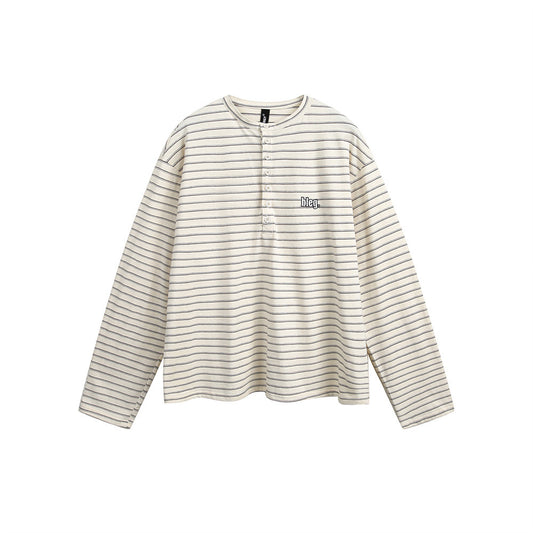 American Retro Men's Clothes Striped Long Sleeve Embroidered Button T-shirt
