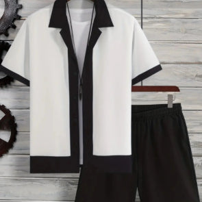 Striped Contrast Color 3D Printing Vacation Shirt Shorts 2 Pieces Suit