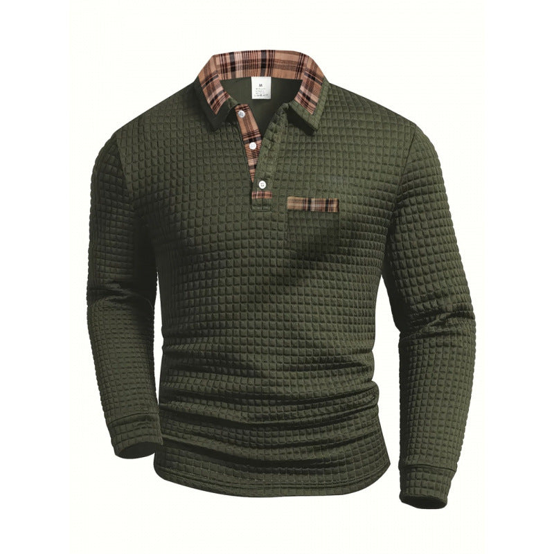 Men's Casual Solid Color Patchwork Pocket Collar Long Sleeve Polo Shirt