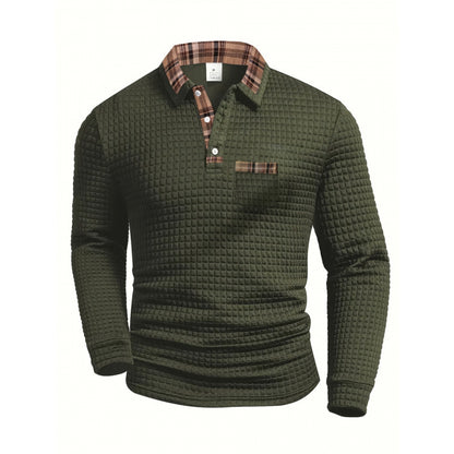 Men's Casual Solid Color Patchwork Pocket Collar Long Sleeve Polo Shirt