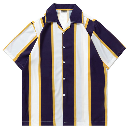 College Style Street Men's Trendy Striped Short-sleeved Shirt