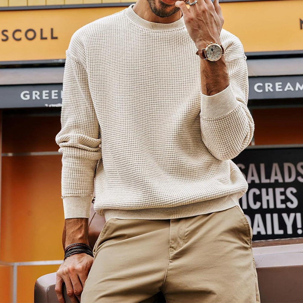 Waffle Round Neck Sweater Pullover Knitted Men's Casual Top