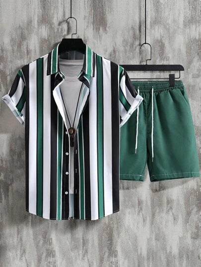 Striped Contrast Color 3D Printing Vacation Shirt Shorts 2 Pieces Suit