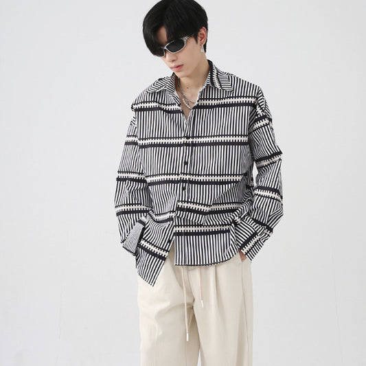 Men's Autumn Blue And White Striped Three-dimensional Shoulder Pad Shirt
